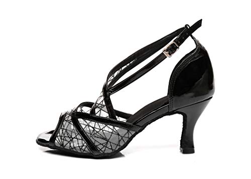 MGM-Joymod Mujer Tacón acampanado Malla Sintética Salsa Social Tango Latino Carácter Moderno Zapatos de Danza, color Negro, talla 39.5 EU