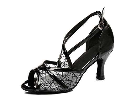 MGM-Joymod Mujer Tacón acampanado Malla Sintética Salsa Social Tango Latino Carácter Moderno Zapatos de Danza, color Negro, talla 39.5 EU