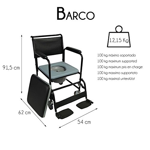 Mobiclinic, Barco, Silla con WC o inodoro para ancianos, discapacitados, minusválidos, Silla orinal con ruedas, Plegable, Reposabrazos, Asiento ergonómico, Conteras antideslizates, color Negro