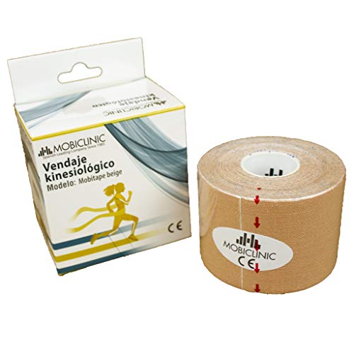 Mobiclinic, Kinesiotape, Modelo Mobitape, Vendaje kinesiológico, Venda neuromuscular, Rollo kinesiotape, Alivio dolor muscular, Elásticas, Apto para múltiples zonas, 5x5 cm, Beige