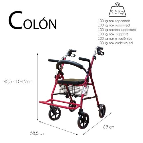 Mobiclinic, Modelo Colón, Andador y silla de ruedas para minusvalidos, ancianos, adultos o mayores, 2 en 1, de aluminio, ligero, plegable, con asiento y 4 ruedas. Color Burdeos