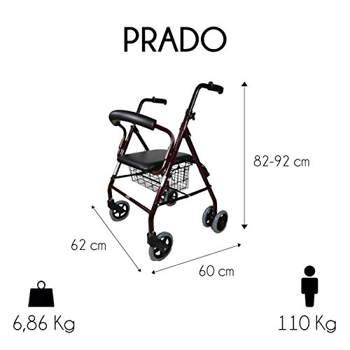 Mobiclinic, Modelo Prado, Andador para minusválidos, ancianos, Rollator, de aluminio, ligero, plegable, frenos por presión, con asiento, cesta y 4 ruedas, Color Burdeos