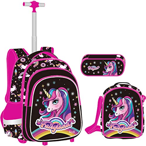 Mochila Escolar Trolley niña Unicornio, Mochila niños con Ruedas Mochilas con Ruedas para niños para niños niñas -Trolley de Ruedas para niños