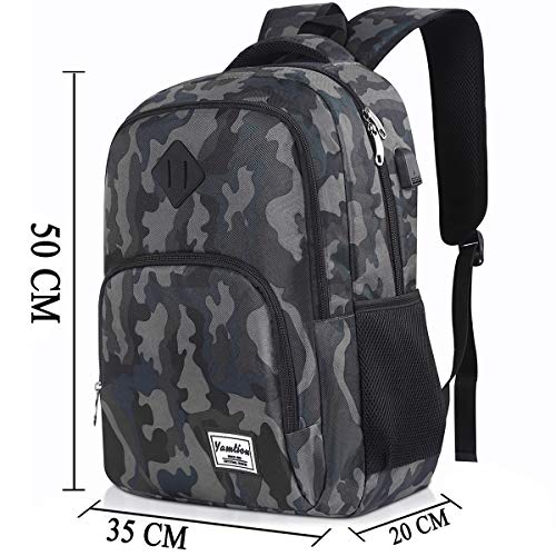 Mochila Hombre Mochila Portatil con USB Puerto para Escolar Negocio- 35L (15.6 Pulgada, B6-Camuflaje Negro)