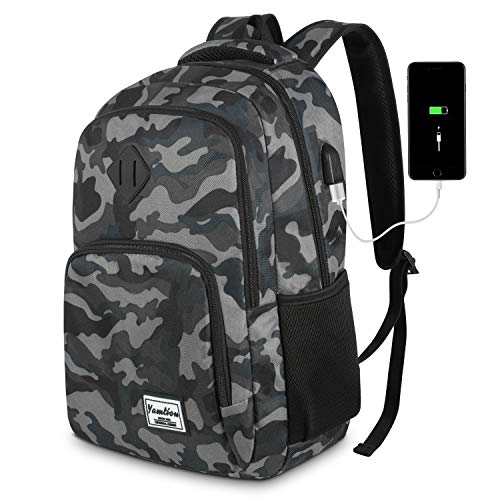 Mochila Hombre Mochila Portatil con USB Puerto para Escolar Negocio- 35L (15.6 Pulgada, B6-Camuflaje Negro)