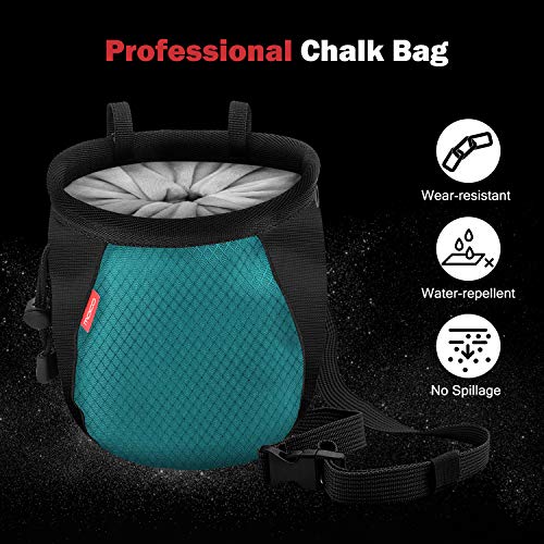 MoKo Bolsillo de Tiza con Cinturón Ajustable y Mosquetón Cordón para Deportes, Bolsa de Magnesio al Aire Libre para Escalada en Roca, Levantamiento de Pesas, Gimnasia - Negro + Azul Claro