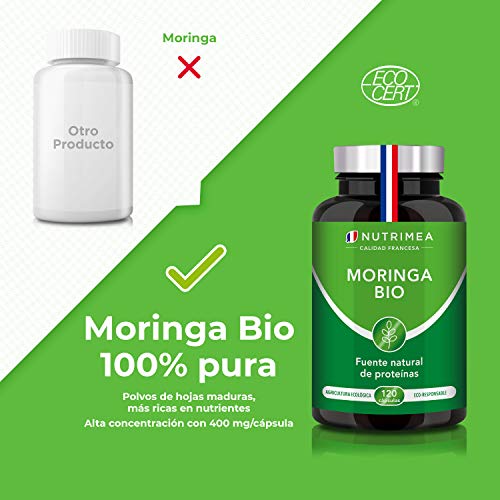 Moringa Oleifera Bio 120 Cápsulas | Superfood Antioxidante Natural Sistema Inmunológico Energía Proteina Vegetal | 330 mg Polvo Moringa con 66 mg de Proteina Apto para Veganos | Fabricado en Francia