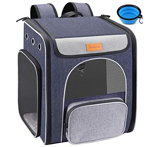 morpilot Mochila Gato, Mochila Transportin Perro Plegable para Gatos y Perros Pequeños, Bolsa de Transporte Transpirable con Correa de Seguridad Interior + Tazón, Ideal para Viajes, Uso al Aire Libre