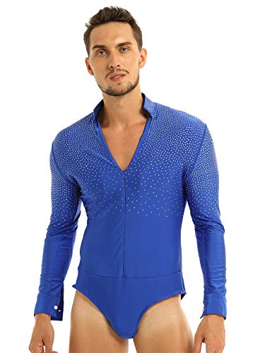 MSemis Maillot Baile Latino para Hombres Body Patinaje Gimansia Maillot Danza Lírica Camisa Danza Latina Manga Larga Tango Leotardo Ropa Actuación Competición Azul Large