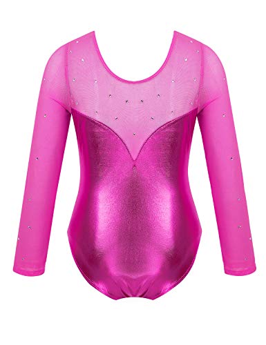 MSemis Maillot Patinaje Artístico Competición para Niñas Maillot Manga Larga Body Gimnasia Rítmica Leotardo Danza Ballet Clásica Ropa Brillante Disfraz Bailarina Rendimiento Rosa A 7-8 años