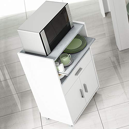 Mueble Auxiliar para Microondas, Mesa Cocina con un Cajón y dos Puertas, Color Blanco y Cemento, Medidas: 92 cm (Alto) x 59 cm (Ancho) x 40 cm (Fondo)