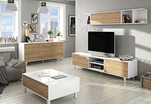 Mueble de salón, Comedor, Módulo TV + Estante, Modelo Zaiken Plus, Color Blanco Brillo y Roble Canadian, Medidas: 180 cm (Ancho) x 54 (Alto) x 41 cm (Fondo)