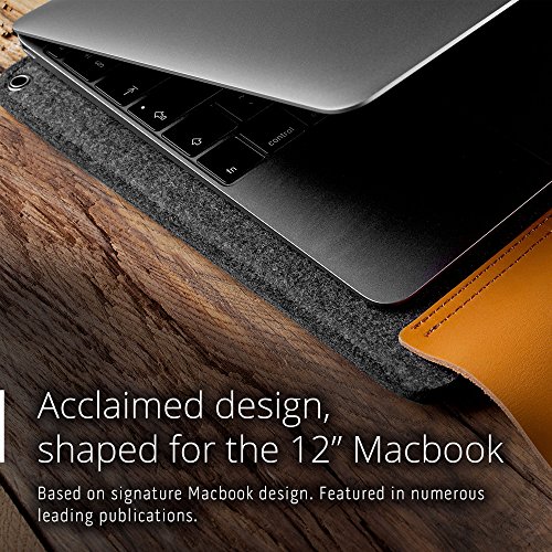 Mujjo Funda para MacBook de 12 Pulgadas, Fieltro de Lana Premium, Solapa de Piel auténtica con Cierre de botón a presión, Compartimentos de Almacenamiento, Bolsillo para Tarjetas (Bronceado)