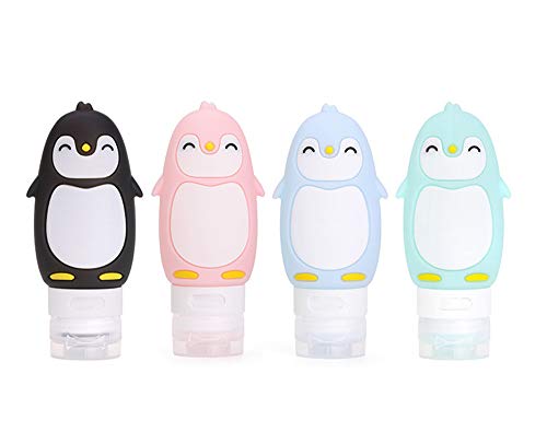 MUUZONING Pingüino Lindo Botellas de Viaje de Silicona, 100% BPA Gratis Recipientes rellenables portátiles a Prueba de Fugas para, Acondicionador,Loción, artículos de tocador(4 * 90ml)