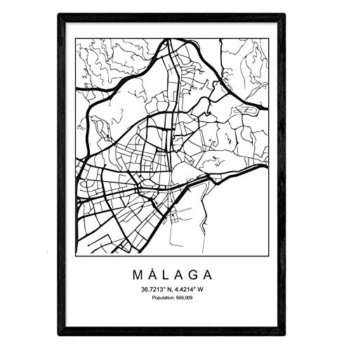 Nacnic Lámina Mapa de la Ciudad Malaga Estilo nordico en Blanco y Negro. Poster tamaño A3 Sin Marco Impreso Papel 250 gr. Cuadros, láminas y Posters para Salon y Dormitorio