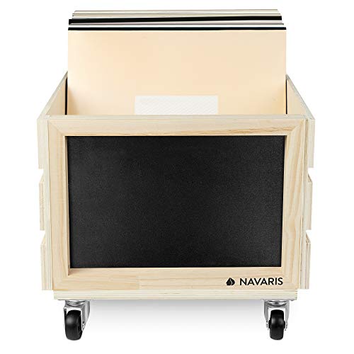 Navaris Caja para discos de vinilo - Mueble de madera con ruedas porta vinilos - Estilo vintage con pizarra para anotar - Soporte de almacenaje