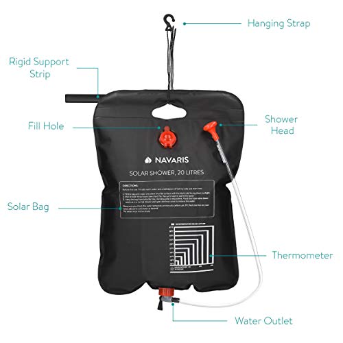 Navaris Ducha Solar para Camping 20 L - Bolsa Plegable para Ducha portátil de Agua Caliente - con alcachofa y Manguera - Senderismo excursiones Surf