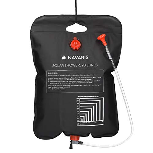 Navaris Ducha Solar para Camping 20 L - Bolsa Plegable para Ducha portátil de Agua Caliente - con alcachofa y Manguera - Senderismo excursiones Surf