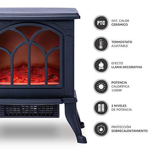 NEWTECK Chimenea Eléctrica Classic Flame, Calefactor Cerámico Termoventilador Llama Decorativa, Chimenea portátil, Termostato, 2 Niveles, Sensor Seguridad Sobrecalentamiento, 750/1000W, 355x465x250mm