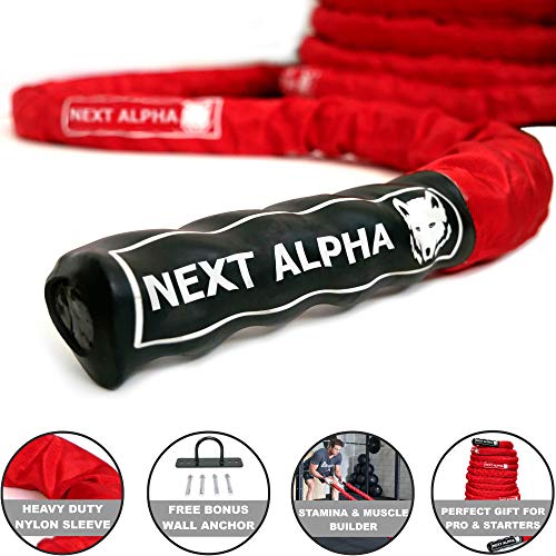 Next Alpha Battle Rope - Cuerde de Batalla - 38mm/50mm, 9m/12m/15m - Funda de Protección - Anclaje a La Pared - Rojo