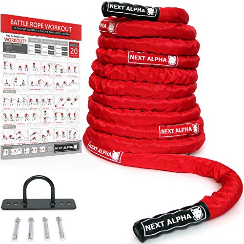 Next Alpha Battle Rope - Cuerde de Batalla - 38mm/50mm, 9m/12m/15m - Funda de Protección - Anclaje a La Pared - Rojo