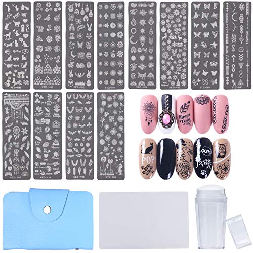 NICENEEDED Nail Art Stamping Kit con Plantillas de Sello de Uñas 12PCS, 1 estampador Claro, 1 raspador Incluido Juego de Herramientas de Sello de Uñas para Decoración de Uñas