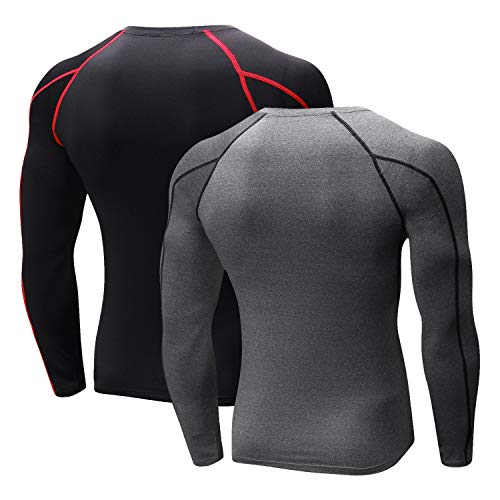 Niksa 2 Piezas Camisetas de Fitness Compresión Ropa Deportiva Manga Larga Hombre para Correr, Ejercicio,Gimnasio 1059 (Medium(Fit Chest 35.5"-37.5"), (Manga Larga) Gris Negro+Negro Rojo)