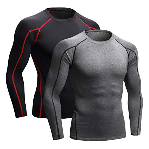 Niksa 2 Piezas Camisetas de Fitness Compresión Ropa Deportiva Manga Larga Hombre para Correr, Ejercicio,Gimnasio 1059 (Medium(Fit Chest 35.5"-37.5"), (Manga Larga) Gris Negro+Negro Rojo)