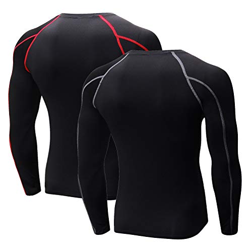 Niksa 2 Piezas Camisetas de Fitness Compresión Ropa Deportiva Manga Larga Hombre para Correr, Ejercicio,Gimnasio 1059 (X-Large(Fit Chest 38.5"-40.5"), (Manga Larga) Negro Gris+Negro Rojo)