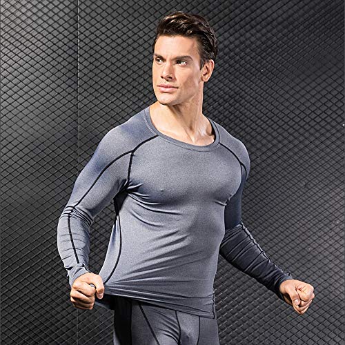 Niksa 2 Piezas Camisetas de Fitness Compresión Ropa Deportiva Manga Larga Hombre para Correr, Ejercicio,Gimnasio 1059 (XX-Large(Fit Chest 40"-42"), (Manga Larga) Gris Negro+Negro Rojo)