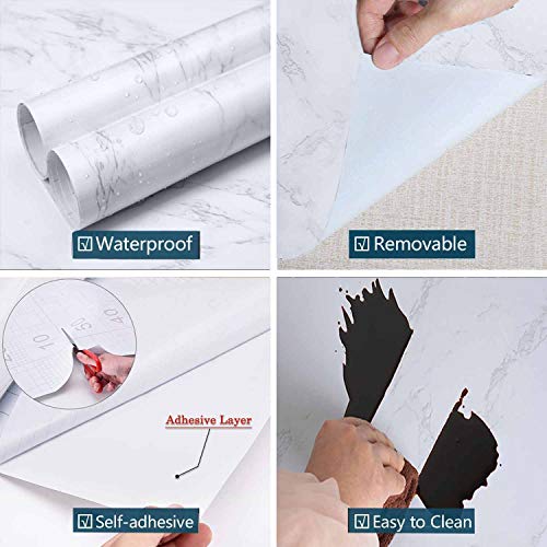 Niviy Adhesivo Papel Marmol para Muebles de Cocina Pegatina Decorativa Armario Papel PVC Material Adhesivo Pared Antifouling Resistete a Humedad y Mancha de Grasa Blanco, 45cm * 200cm