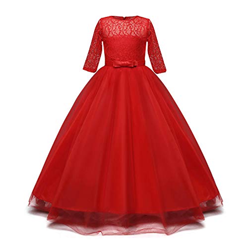 NNJXD Chicas Pompa Bordado Vestido de Bola Princesa Boda Vestir Talla(140) 8-9 años 378 Rojo-A