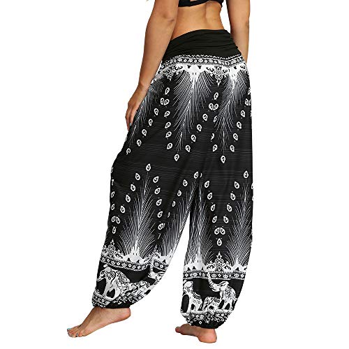 Nuofengkudu Mujeres Hippies Pantalones Largos Cintura Alta Boho Flores Impreso Baggy Indios Yoga Pants Verano Playa Fiesta Harem Pantalón (Negro B,M)