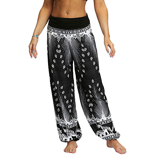 Nuofengkudu Mujeres Hippies Pantalones Largos Cintura Alta Boho Flores Impreso Baggy Indios Yoga Pants Verano Playa Fiesta Harem Pantalón (Negro B,M)