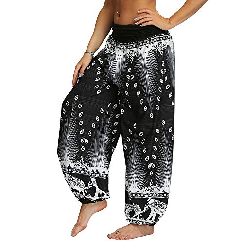 Nuofengkudu Mujeres Hippies Pantalones Largos Cintura Alta Boho Flores Impreso Baggy Indios Yoga Pants Verano Playa Fiesta Harem Pantalón (Negro B,M)