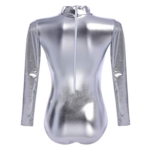 OBEEII Mujer Maillot de Ballet Danza Leotard Ballet Manga Larga Cuello Alto una Pieza Dancewear Bodysuit Plateado 3XL