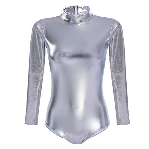 OBEEII Mujer Maillot de Ballet Danza Leotard Ballet Manga Larga Cuello Alto una Pieza Dancewear Bodysuit Plateado 3XL