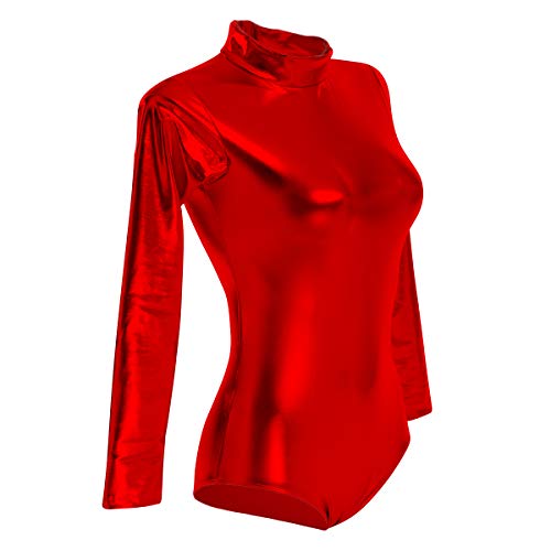 OBEEII Mujer Maillot de Ballet Danza Leotard Ballet Manga Larga Cuello Alto una Pieza Dancewear Bodysuit Rojo 2XL