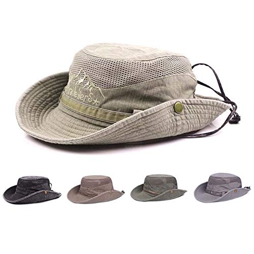 Obling Sombrero Sol algodón protección UV,Sombrero Verano,Sombrero Playa,Sombrero Safari Boonie,Sombrero Pesca Plegable con Malla Transpirable Correa Ajustable para Barbilla- Hombres Mujeres(Caqui)