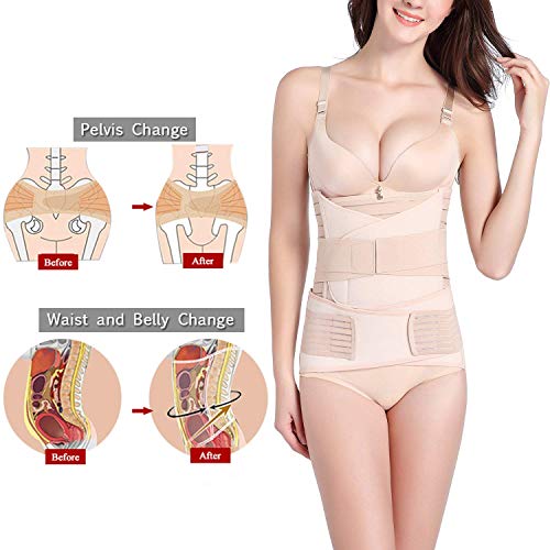 OKPOW 3 en 1 Faja Postparto, Recuperacion Postparto Banda de La Envoltura de Recuperación, Cinturón cómoda de Pelvis para Mujer,Beige