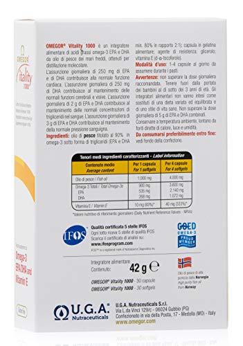 Omegor Vitality 1000-90% de Omega-3, EPA 535 mg y DHA 268 mg por Perla, Estructura 90% de Triglicéridos y Destilación Molecular, 10 x 30 Cápsulas