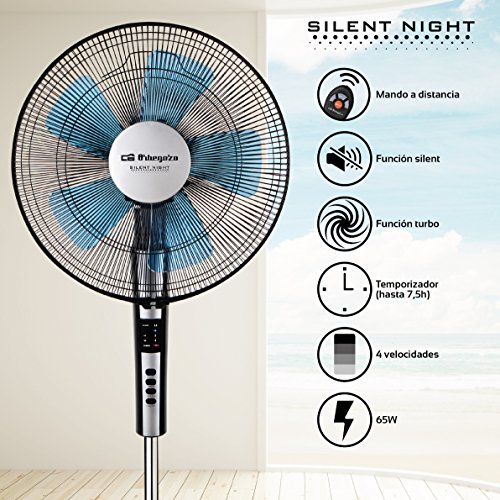 Orbegozo SF 0640 Ventilador Silencioso De Pie con Mando A Distancia, Temporizador, 2 Velocidades + Turbo + Silent, Acero Inoxidable, Multicolor