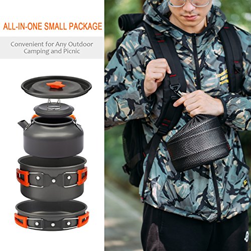 Overmont 14Pcs Kit de Utensilios Cocina Camping Olla Sartén Tetera Vajilla para Acampada Senderismo Excursión al Aire Llibre de Aluminio