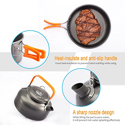 Overmont 14Pcs Kit de Utensilios Cocina Camping Olla Sartén Tetera Vajilla para Acampada Senderismo Excursión al Aire Llibre de Aluminio