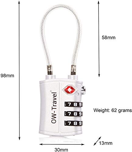 OW-Travel Candado Combinacion Cable Acero Flexible Anti robo. Candado maleta TSA numerico 3 Digitos. Candados mochila y maletas. TSA candado Taquilla Gimnasio. Candado seguridad equipaje Plata 1