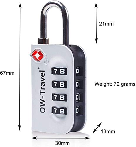 OW-Travel Candado maleta TSA Anti robo. Candado numerico 4 Digitos. Candado Combinacion Taquilla. Candados para mochilas y maletas. Candado Taquilla Gimnasio. TSA Candado seguridad equipaje Plata 1