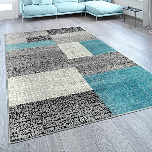 Paco Home Alfombra De Diseño A Cuadros Turquesa Gris, tamaño:160x220 cm