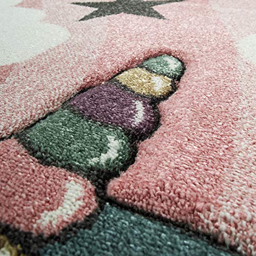 Paco Home Alfombra Habitación Infantil Niña Moderna Unicornio sobre Las Nubes En Rosa Y Lila, tamaño:120x170 cm