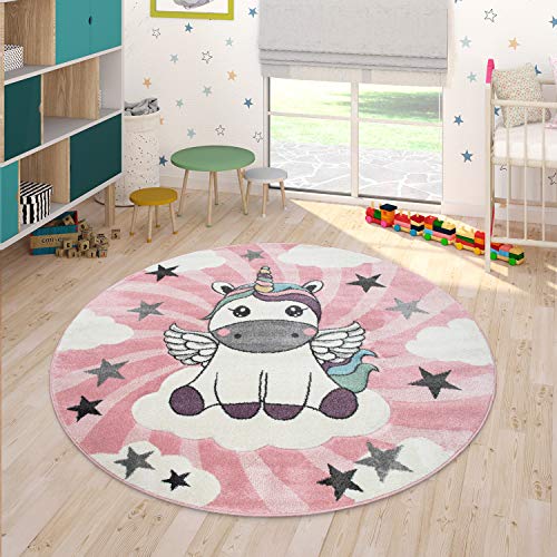 Paco Home Alfombra Habitación Infantil Niña Moderna Unicornio sobre Las Nubes En Rosa Y Lila, tamaño:120x170 cm