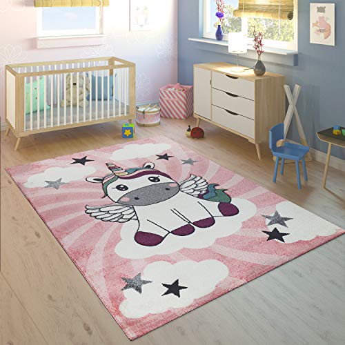 Paco Home Alfombra Habitación Infantil Niña Moderna Unicornio sobre Las Nubes En Rosa Y Lila, tamaño:120x170 cm